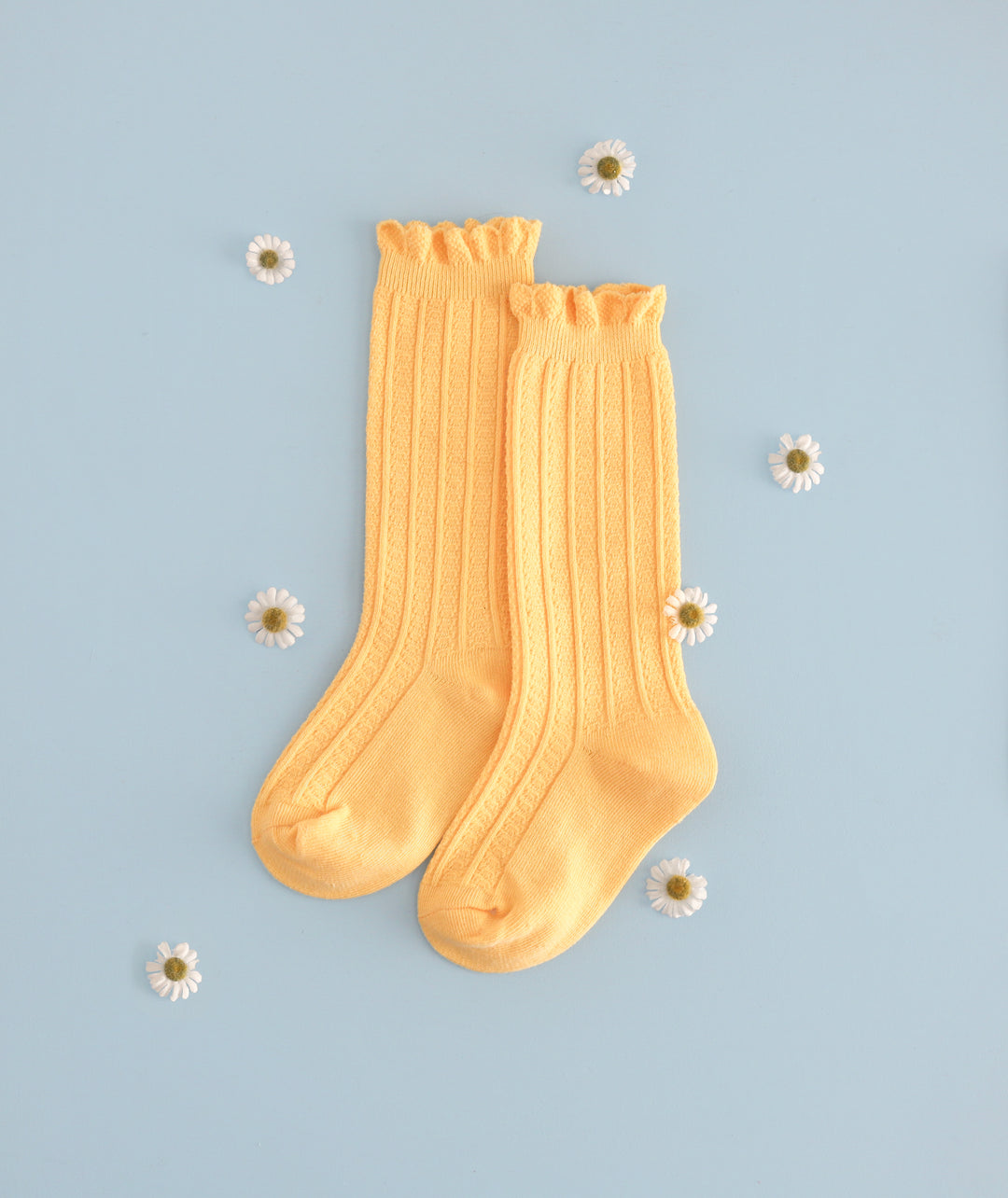 girls's sunshine yellow knee highs with textured knit pattern scalloped frill trim styled with daisies