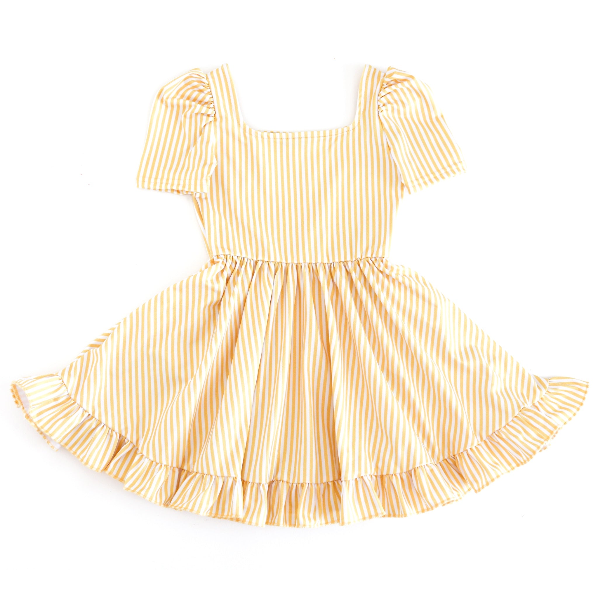 girls' white and light yellow pinstripe twirl dress with square neckline and short puffed sleeves