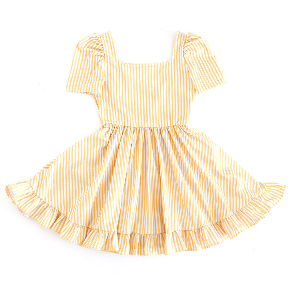 girls' white and light yellow pinstripe twirl dress with square neckline and short puffed sleeves