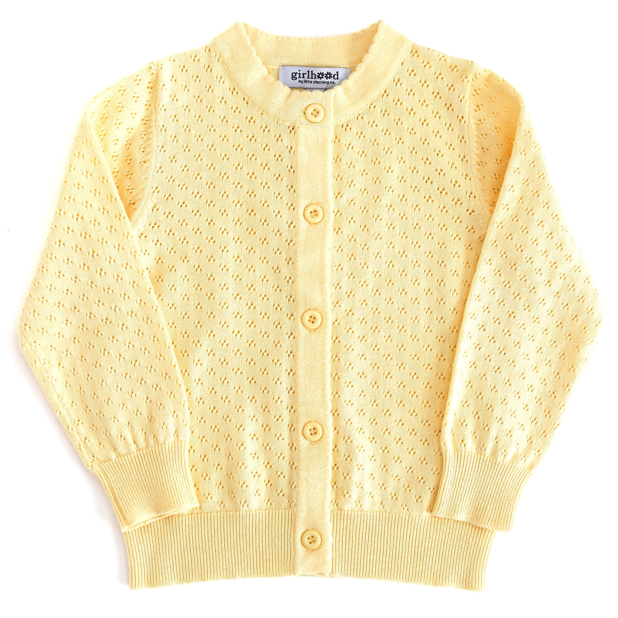 girls' pastel yellow cotton pointelle knit cardigan with scalloped trim and buttons in front