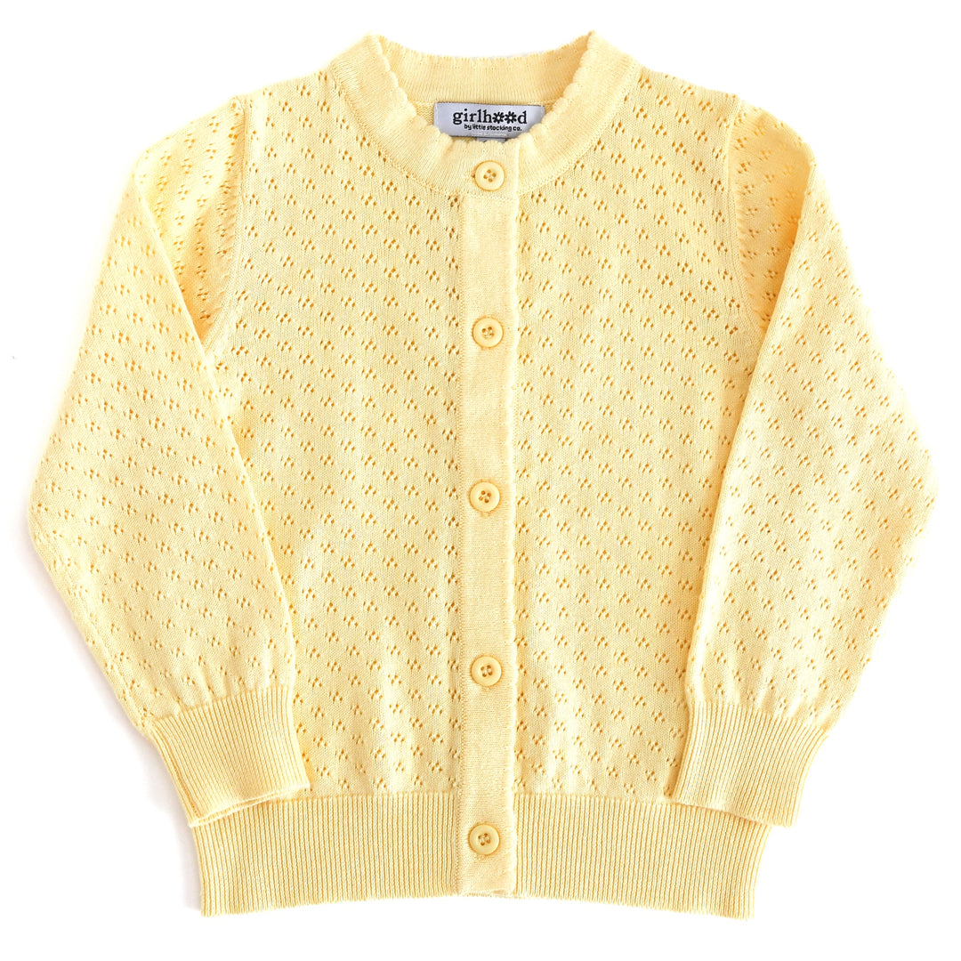 girls' pastel yellow cotton pointelle knit cardigan with scalloped trim and buttons in front