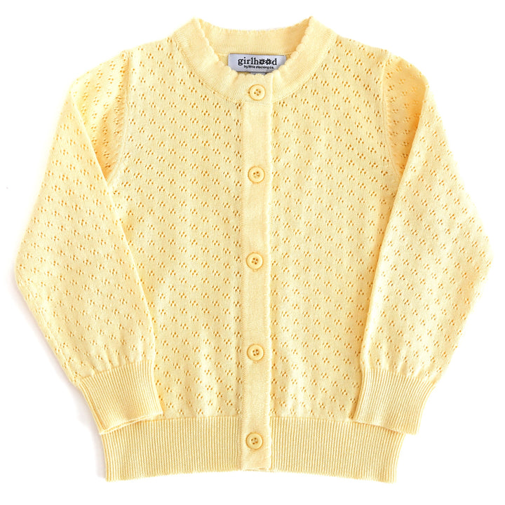 girls' pastel yellow cotton pointelle knit cardigan with scalloped trim and buttons in front