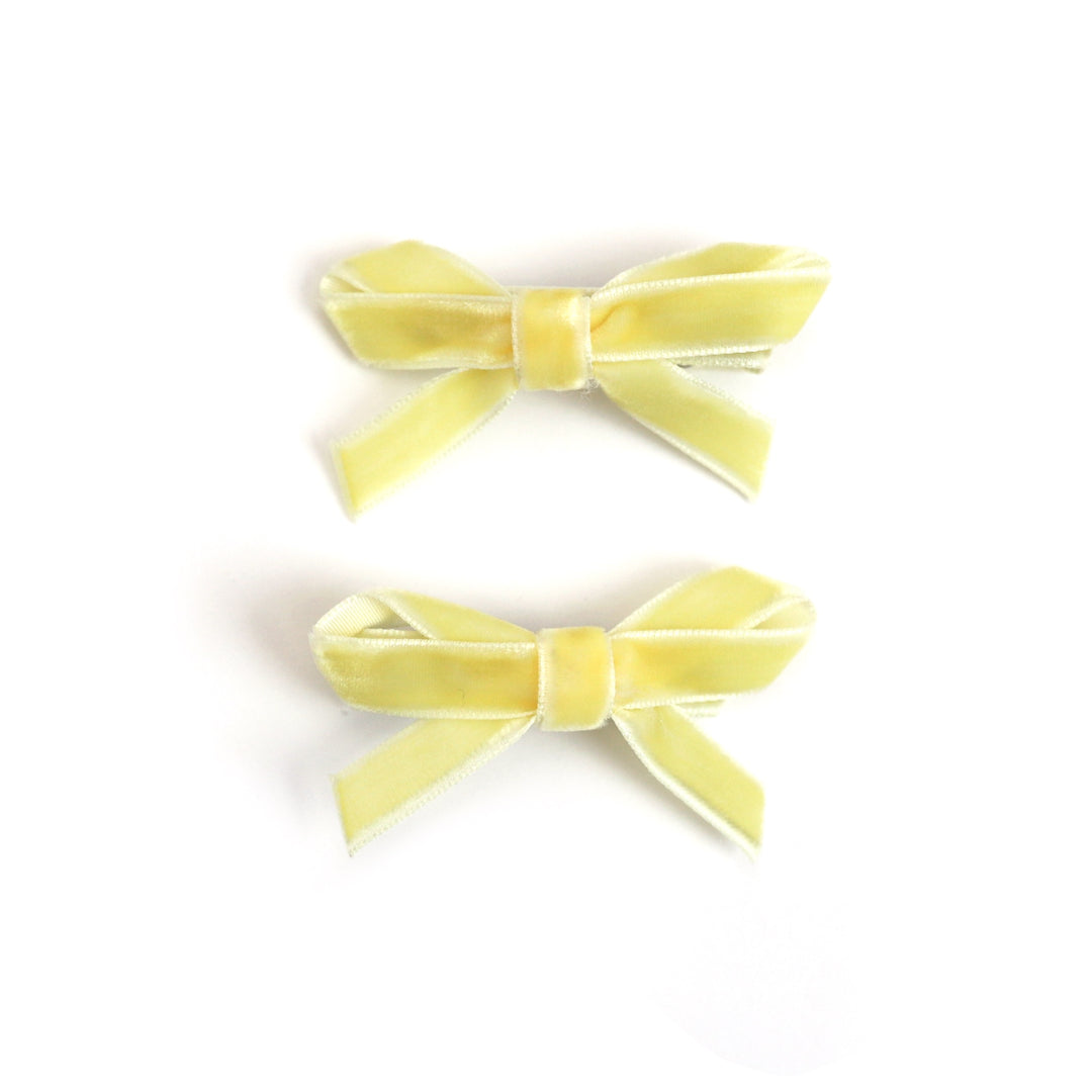 girl's sunshine yellow velvet ribbon pigtail bows on clips for spring and easter