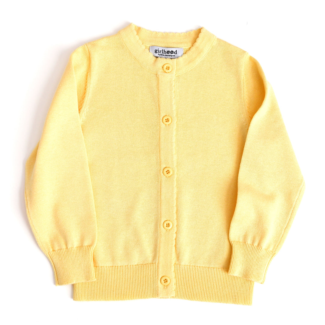 girl's pastel yellow, button front, cotton knit spring cardigan