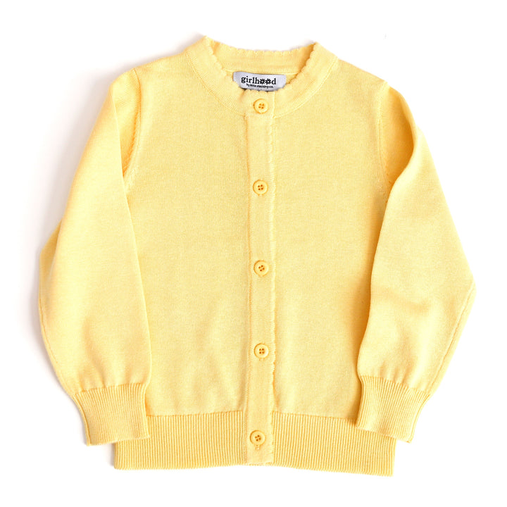 girl's pastel yellow, button front, cotton knit spring cardigan