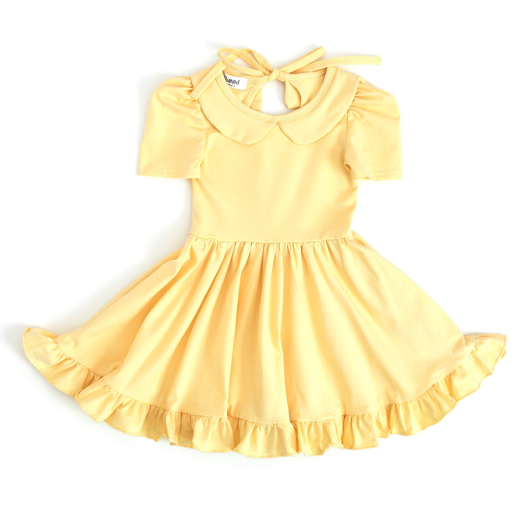 girls pastel yellow stretch cotton twirl dress with collar for spring and Valentine's Day 