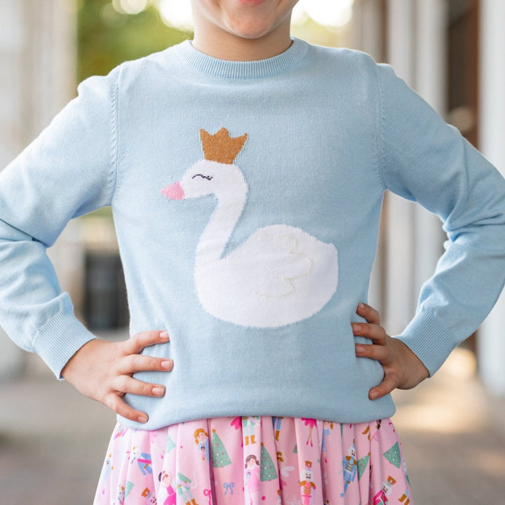 Girls swan sweater and nutcracker twirl dress for Christmas 