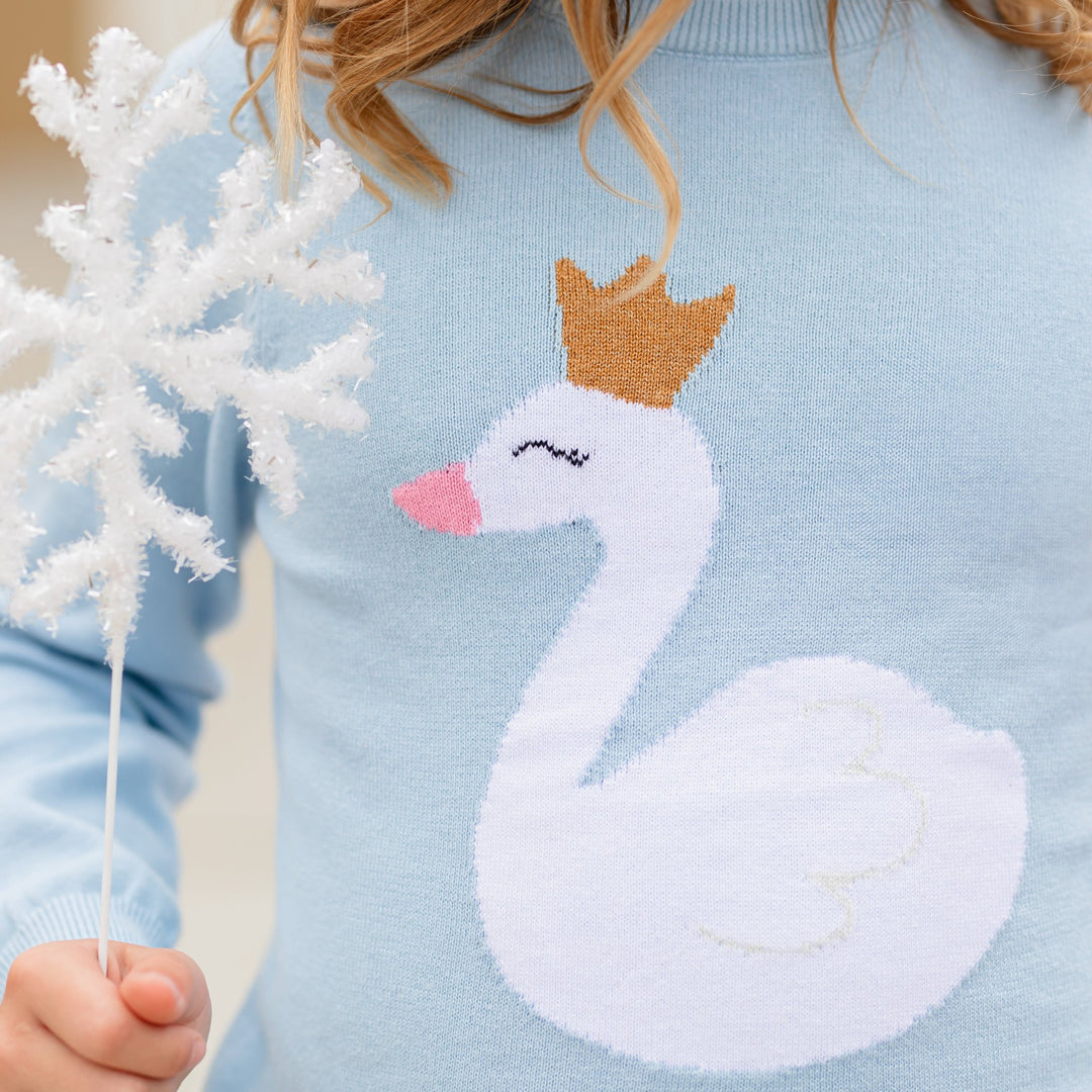 closeup of girls blue knit pullover sweater with swan wearing sparkly crown