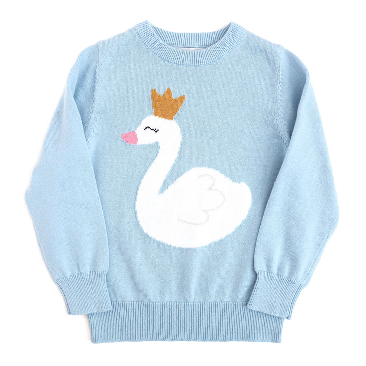 girls blue sweater with sparkly white swan design with gold crown