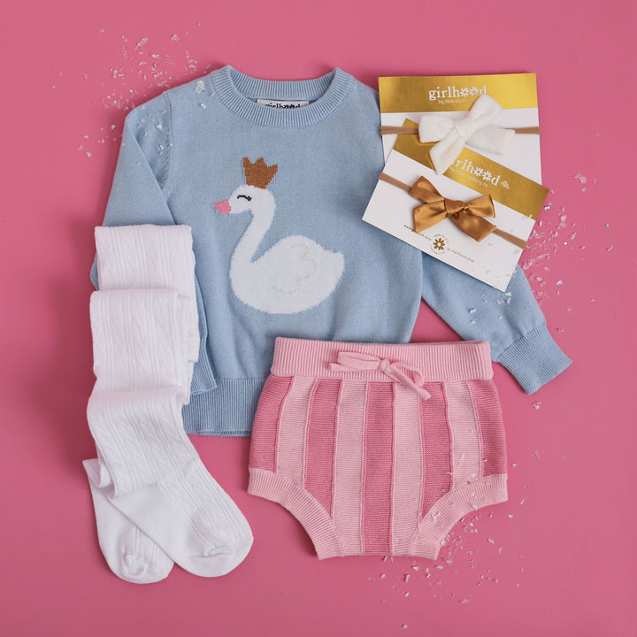 matching sweater knit set for baby girl with swan and stripes