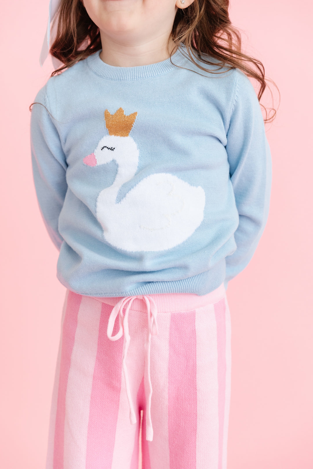 girls swan sweater with matching pink stripe sweater pants