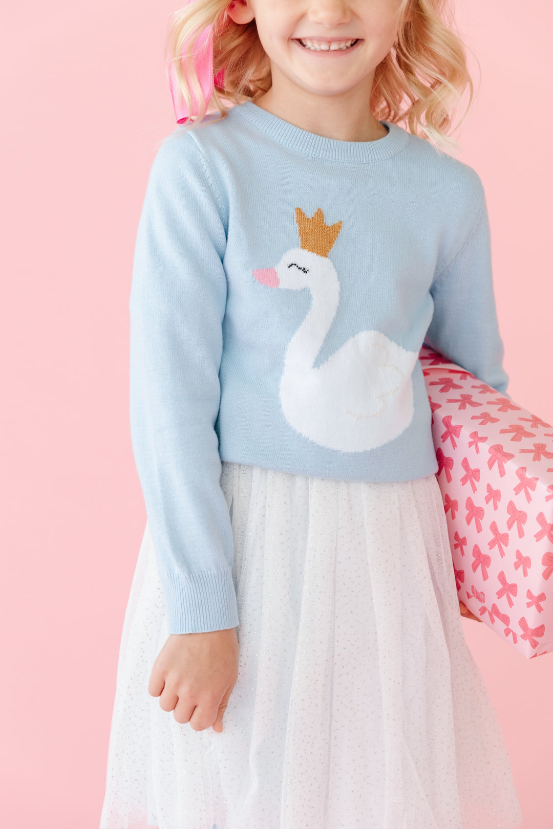 girls swan sweater with white tulle dress for christmas