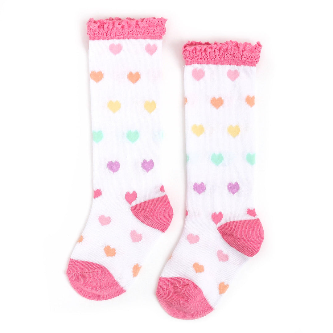 rainbow heart knee high socks for babies and girls with pink lace top