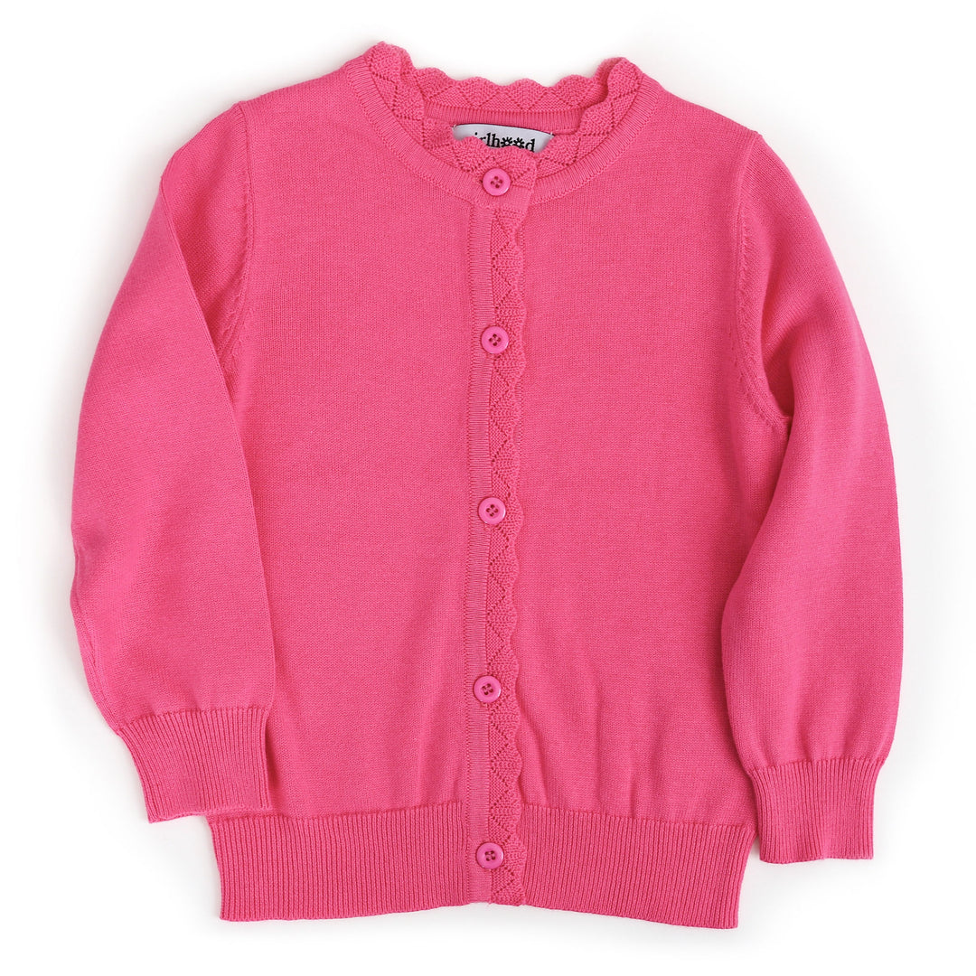 bright pink girls cardigan sweater with scalloped edge detail