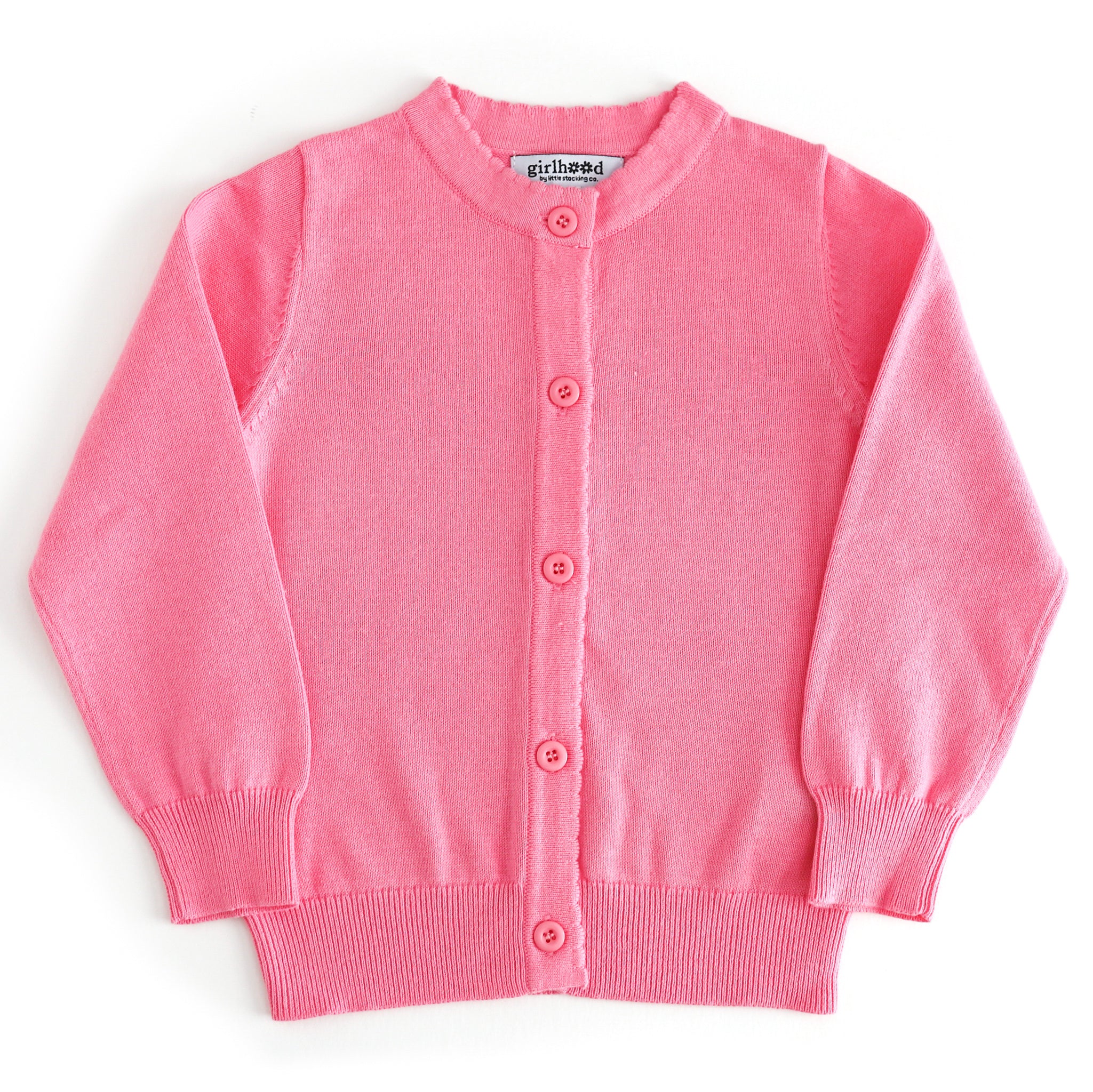 girls 100% cotton knit cardigan sweater with scalloped trim and buttons down the front to match Valentine's Day and sring