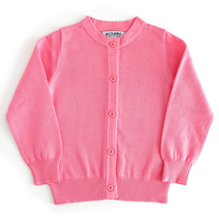 girls 100% cotton knit cardigan sweater with scalloped trim and buttons down the front to match Valentine's Day and sring