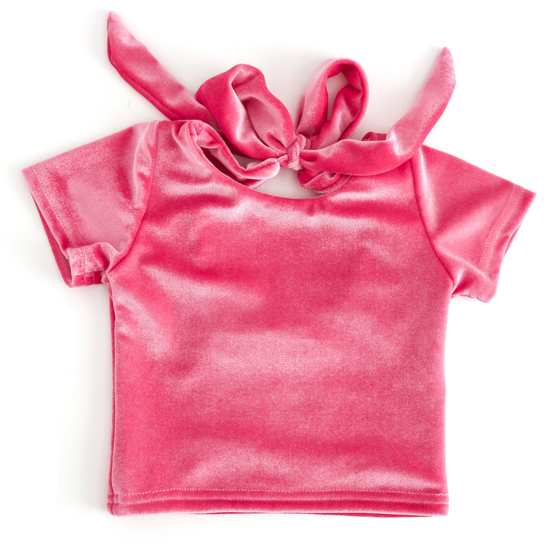 girls fitted cropped top in pink velvet with bow tie back to match Valemntine's skorts