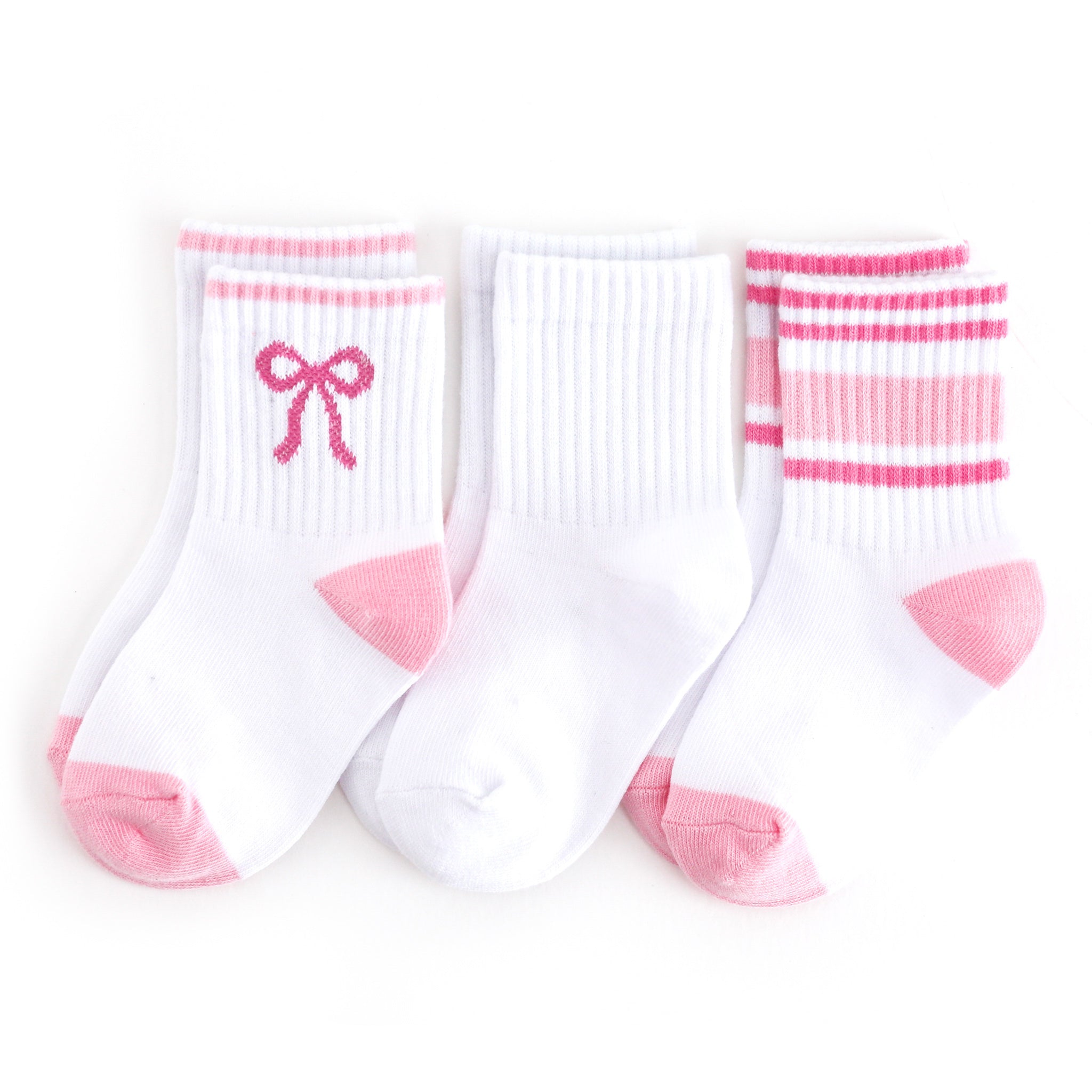 three pack of girls' white crew socks with taffy bow, solid white and taffy stripe designs