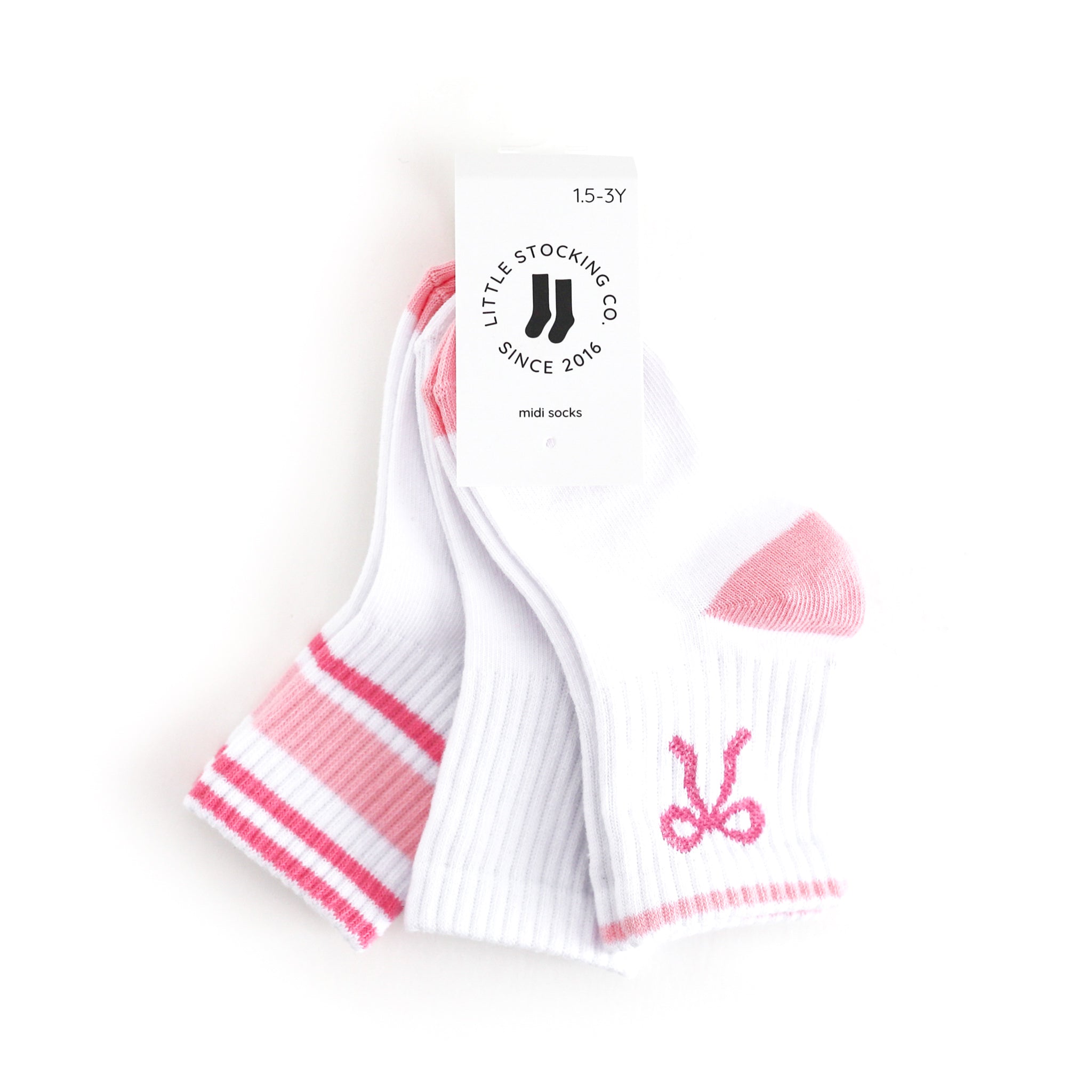 tagged three pack of girls' white midi length crew socks with pink details 