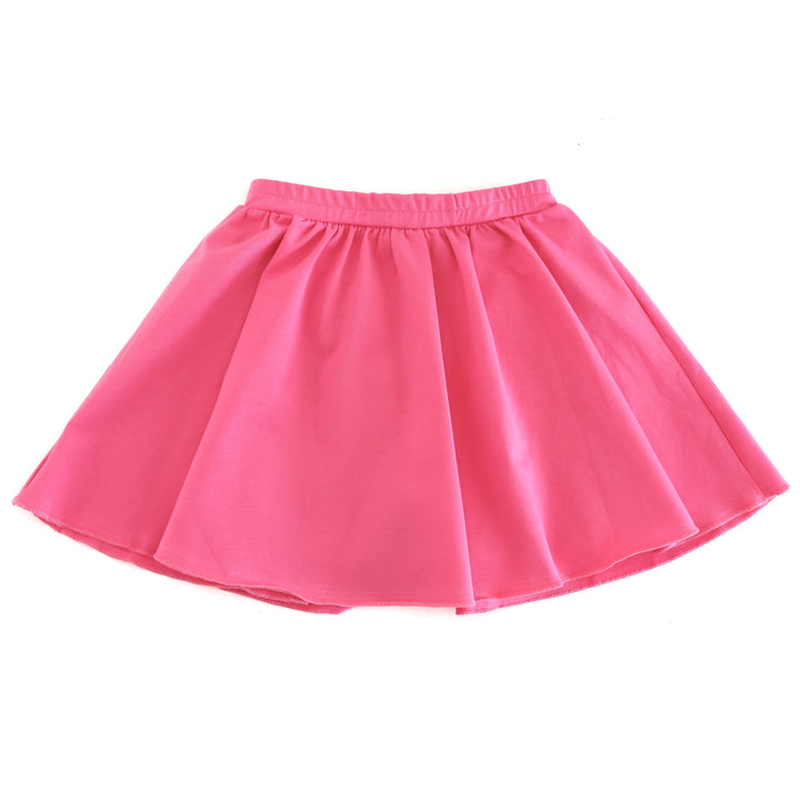 girls candy pink cotton knit skort with bult in shorts and stretchy elastic waistband to match spring sweaters