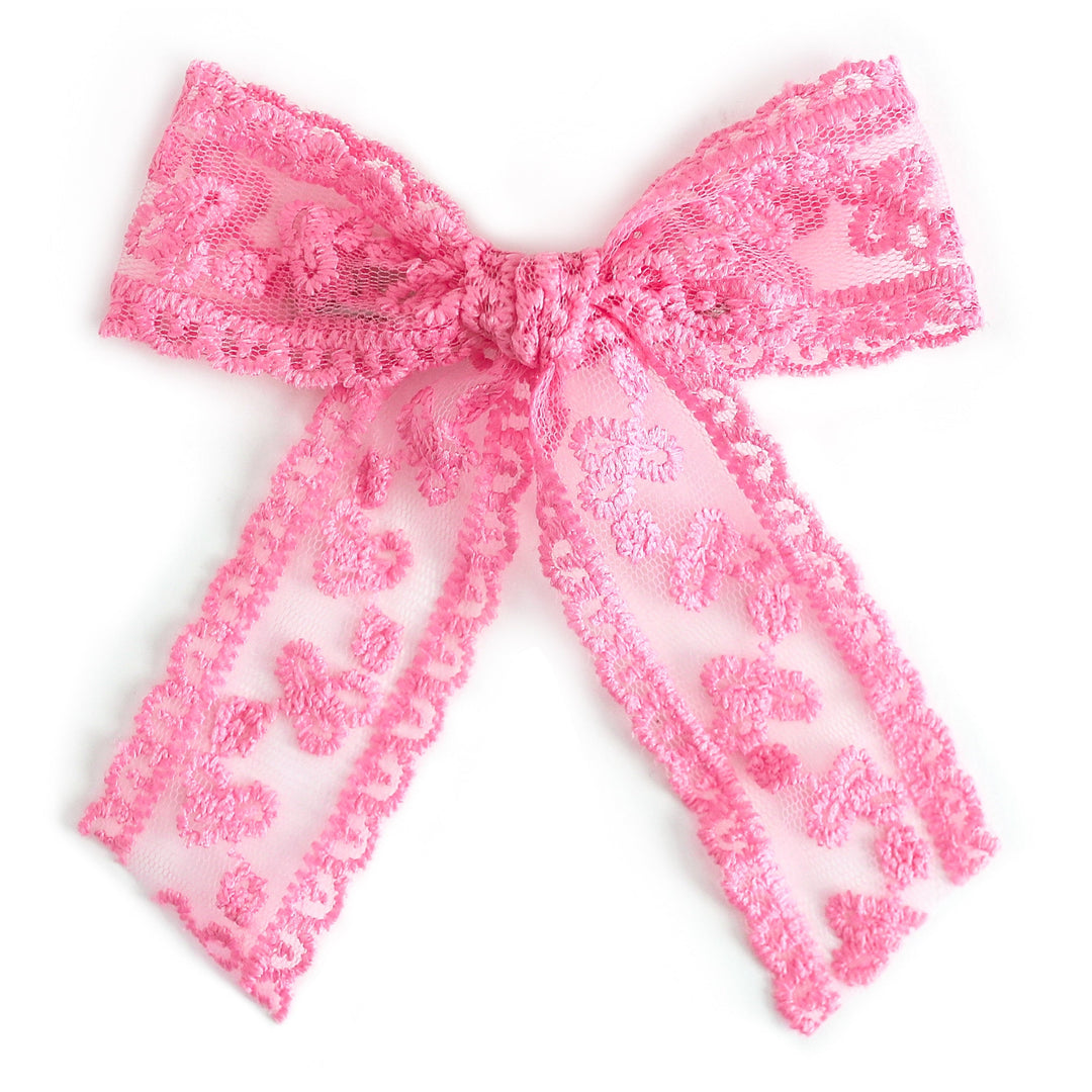 girls' taffy pink lace bow on clip for spring 