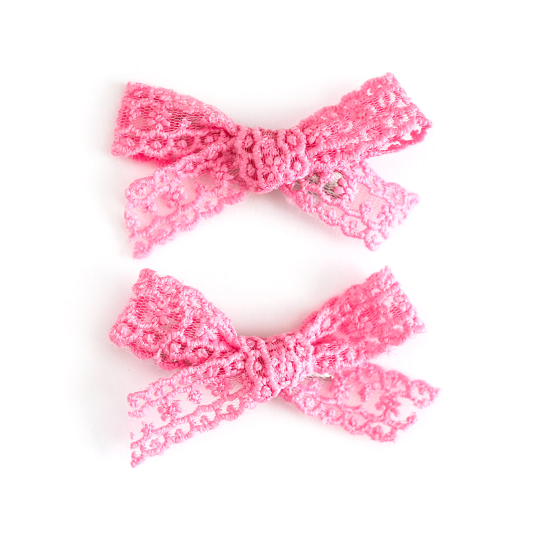 girls taffy pink lace pigtail bows on alligator clips