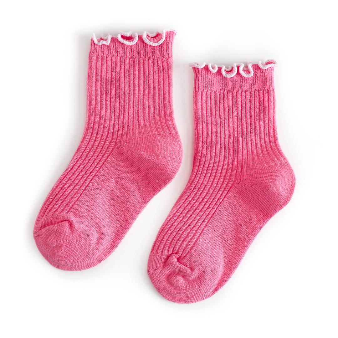 girls' ribbed midi socks in pink with white lettuce trim for spring and valentine's day