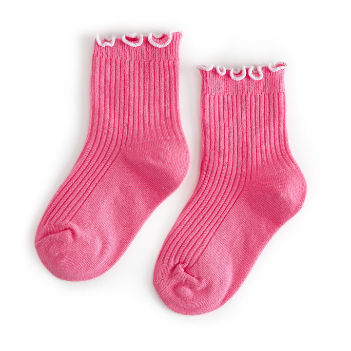 girls' ribbed midi socks in pink with white lettuce trim for spring and valentine's day