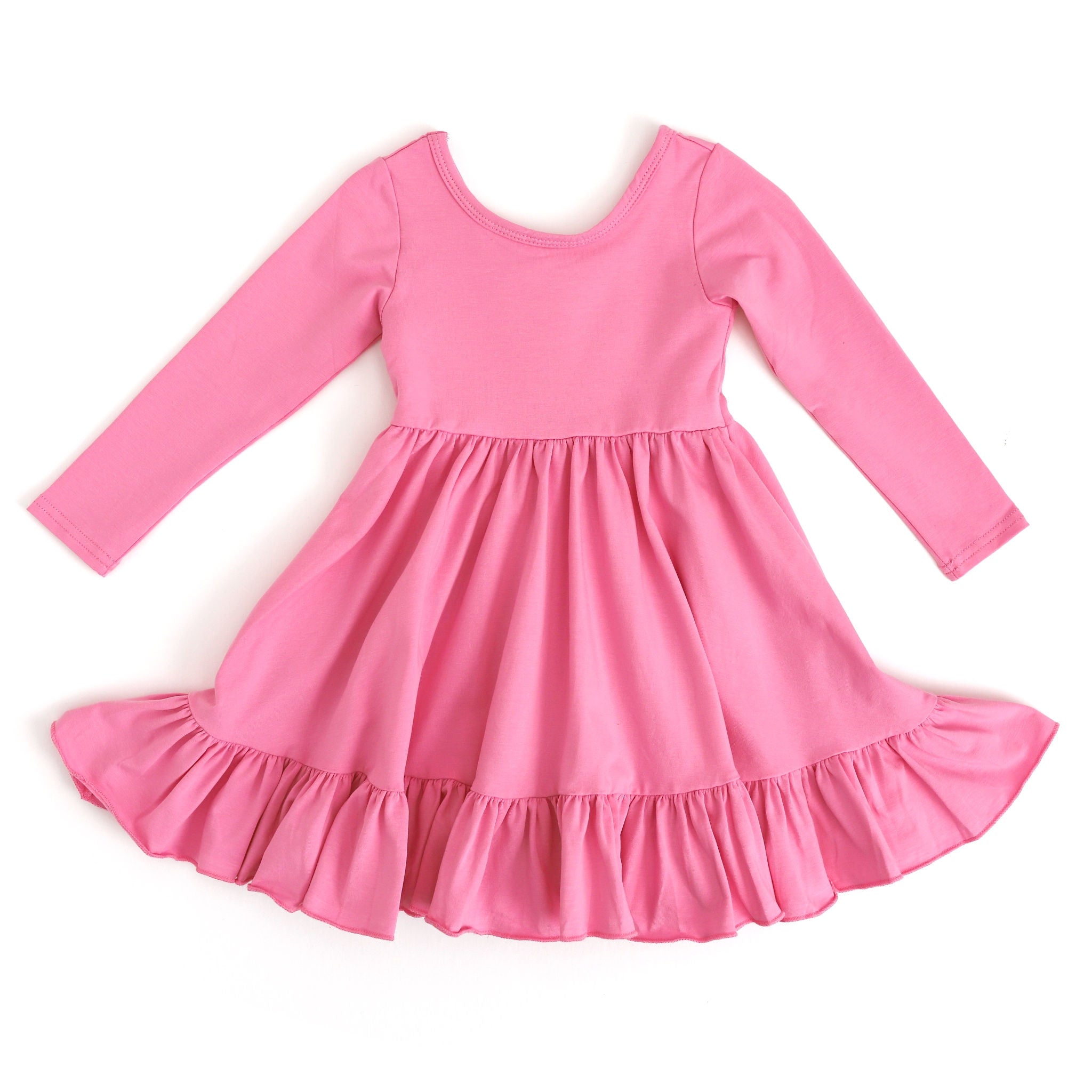 girls long sleeve cotton twirl dress with ruffle in taffy pink for Valentine's