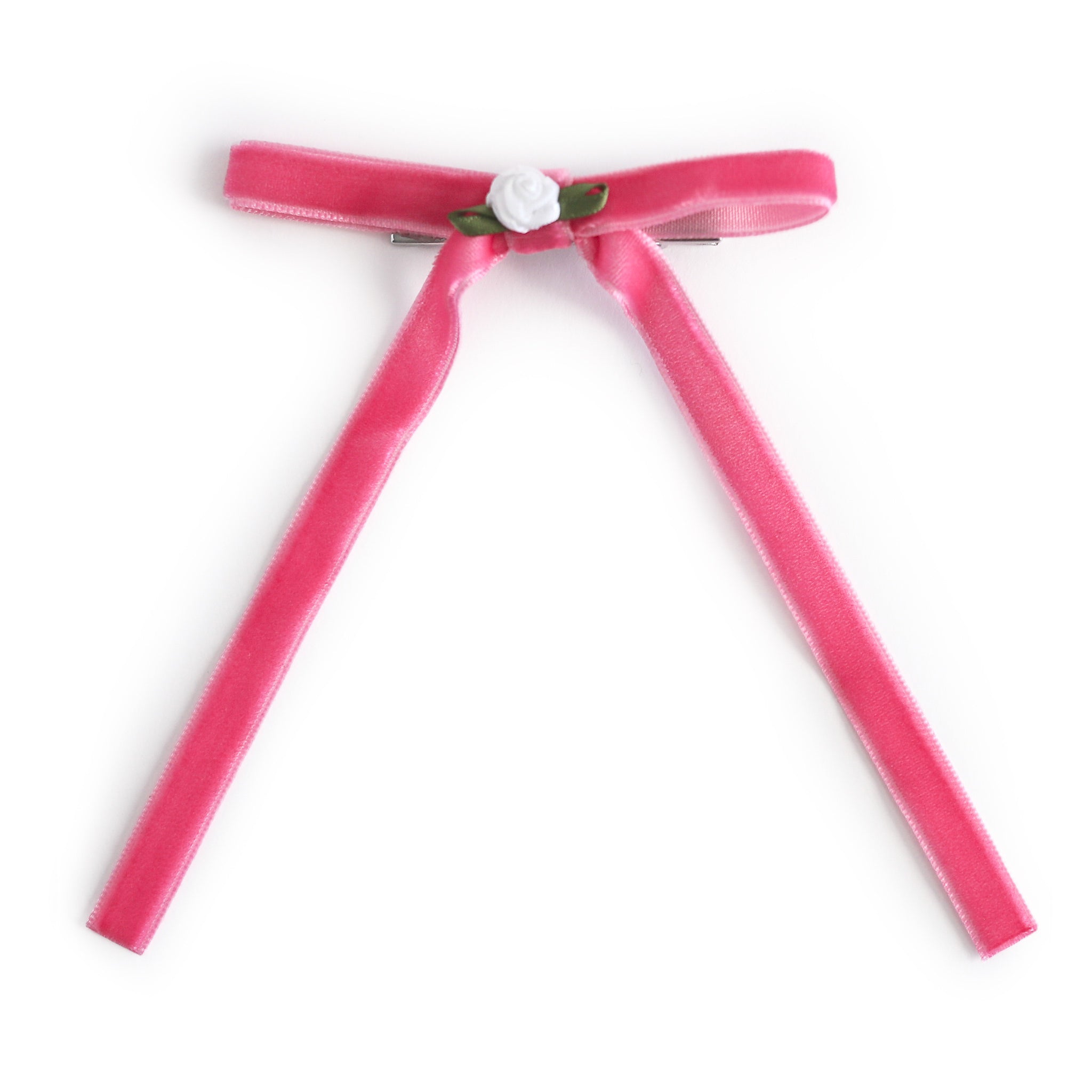 girls' taffy pink velvet ribbon hair bow with white rosette detail on alligator clip