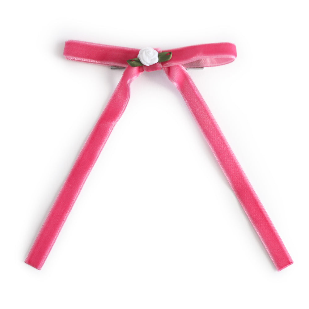 girls' taffy pink velvet ribbon hair bow with white rosette detail on alligator clip