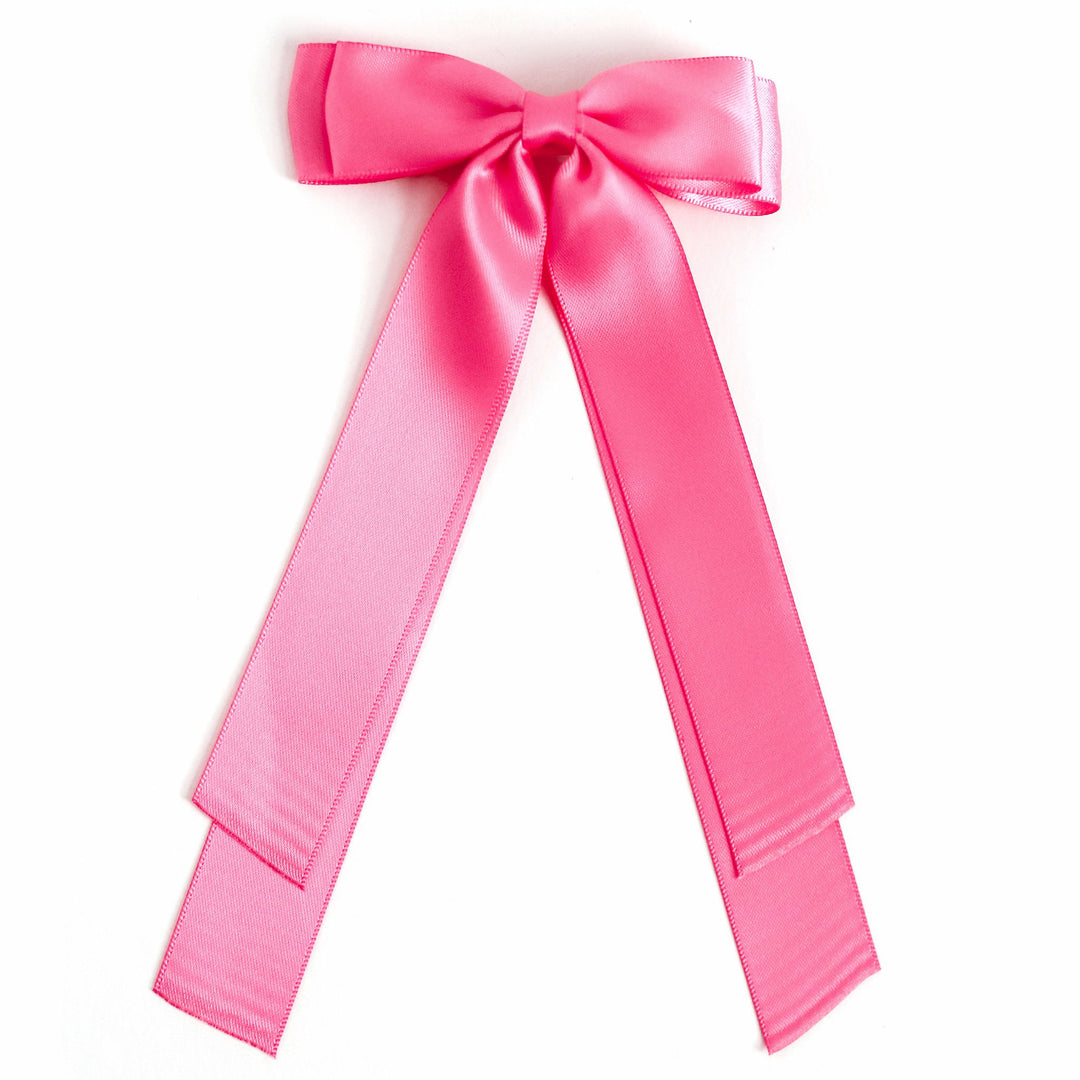 pink long tailed satin double bow on clip to match Valentine's Day collection