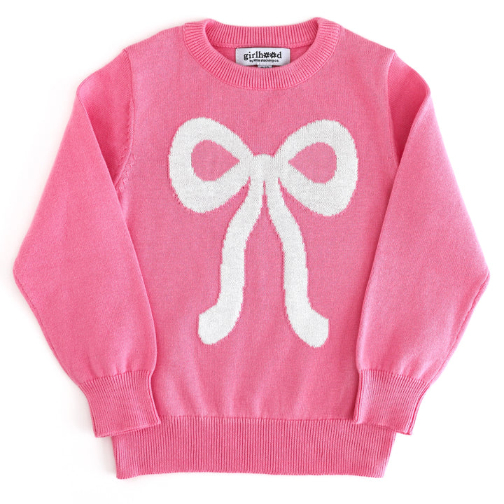 girls' pink knit pullover sweater with sparkly white bow design to match pink Christmas outfits