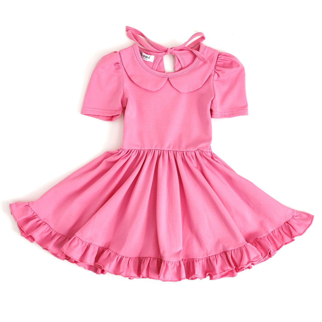 girls pink twirl dress with collar for spring and Valentine's Day 