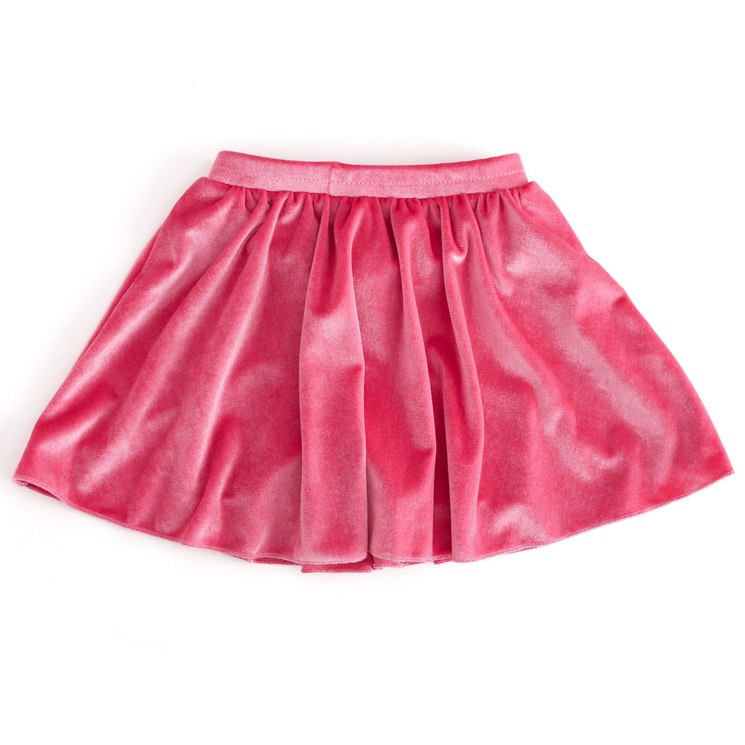 girls pink velvet skort with stretchy waistband and built tin velvet shorts