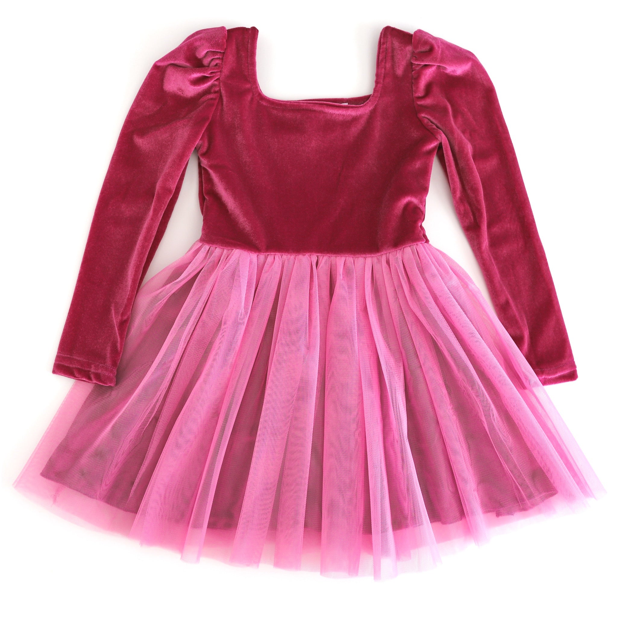 girls pink velvet long sleeve, square neck party dress with tulle skirt