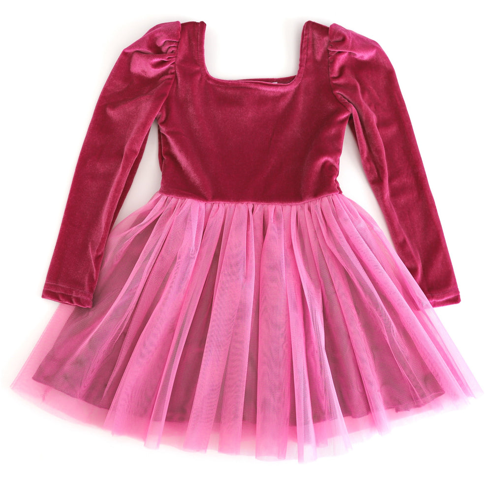 girls pink velvet long sleeve, square neck party dress with tulle skirt