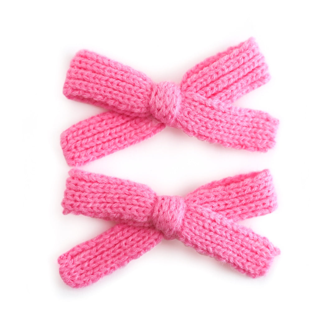 girls' pink yarn knit pigtail bows on clips