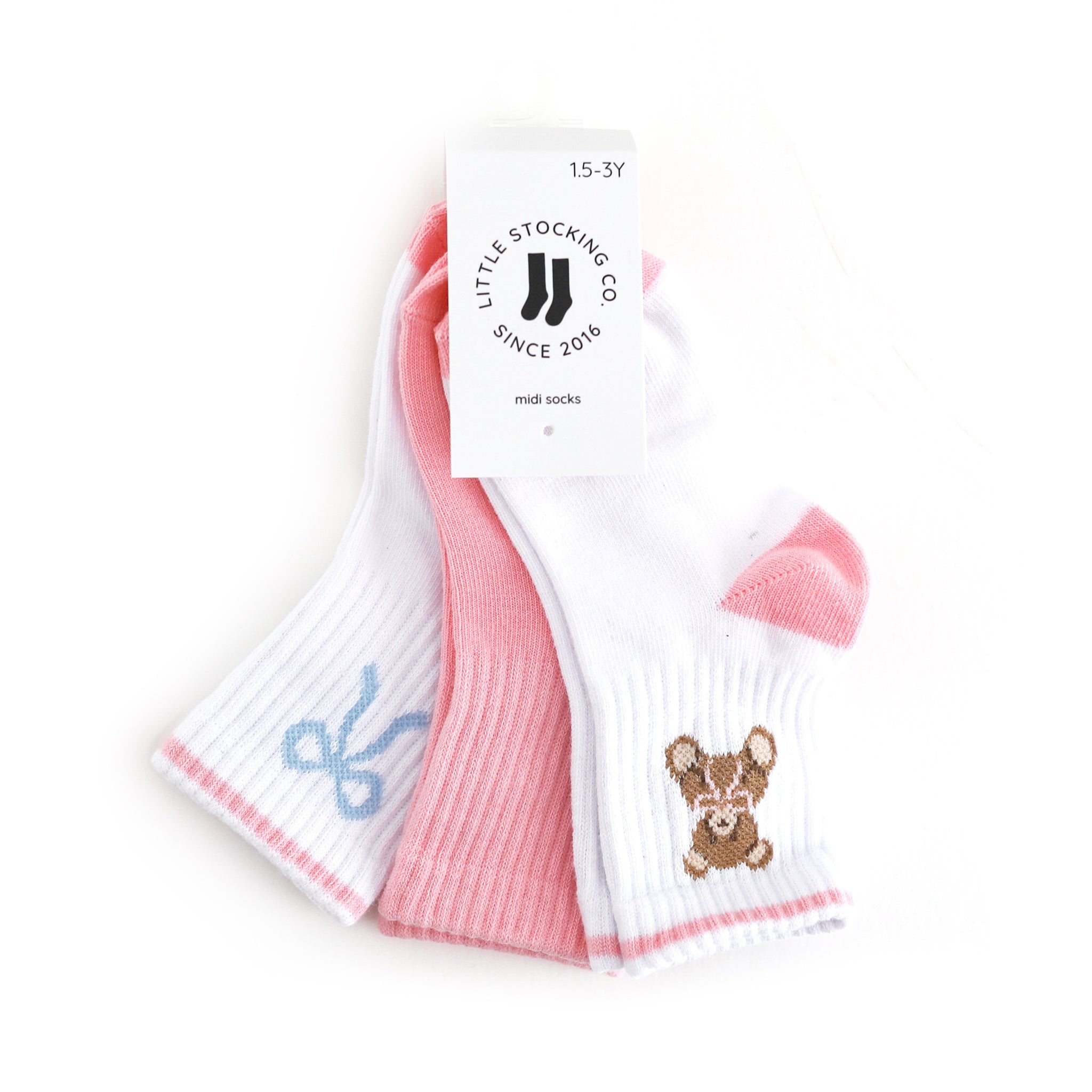 girls' three pack pf crew socks with teddy bear, solid pink and bow designs to match summer twirl dresses