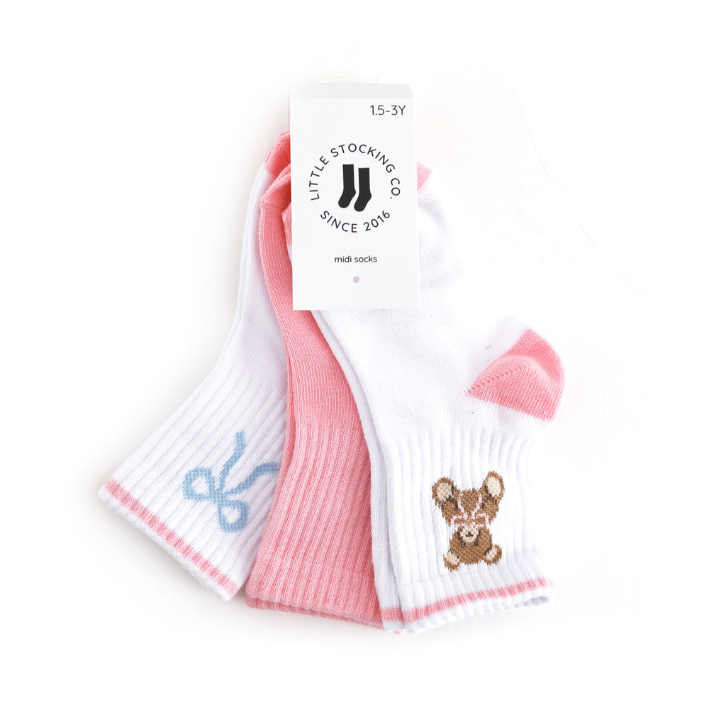 girls' three pack pf crew socks with teddy bear, solid pink and bow designs to match summer twirl dresses