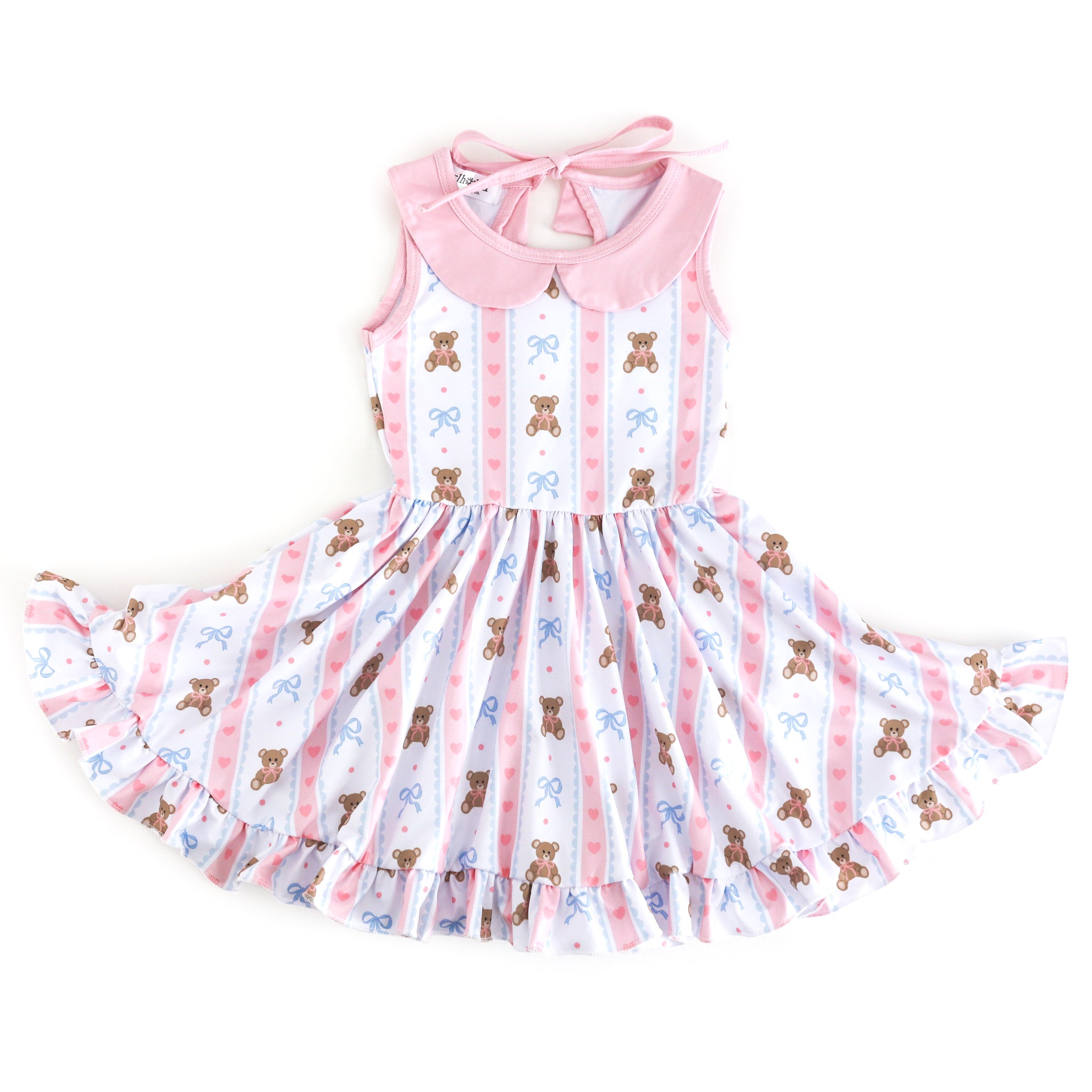 girls' vintage wallpaper inspired teddy bear print sleeveless twirl dress with light pink peter pant collar and trim