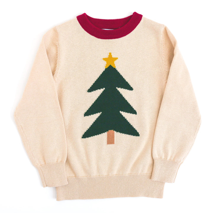 girls Christmas pullover sweater with vanilla base, forest tree, and crimson red collar