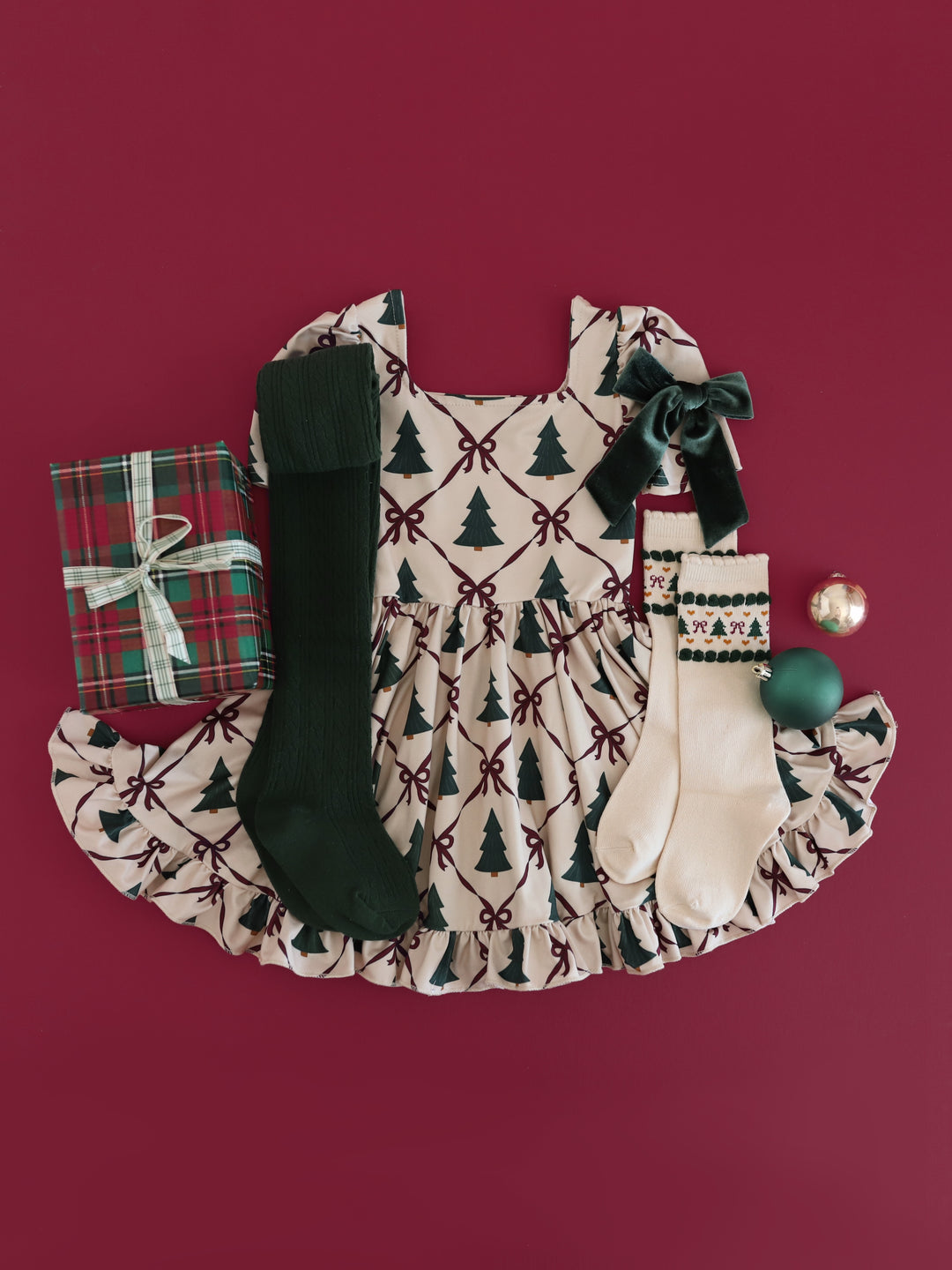 girls' Christmas tree and crimson ribbon print cream twirl dress and matching forest green accessories