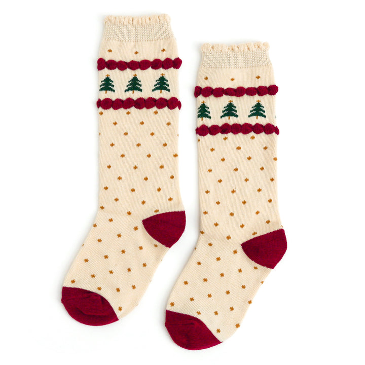 little girls scalloped knit knee high socks with Christmas tree detail and gold dots