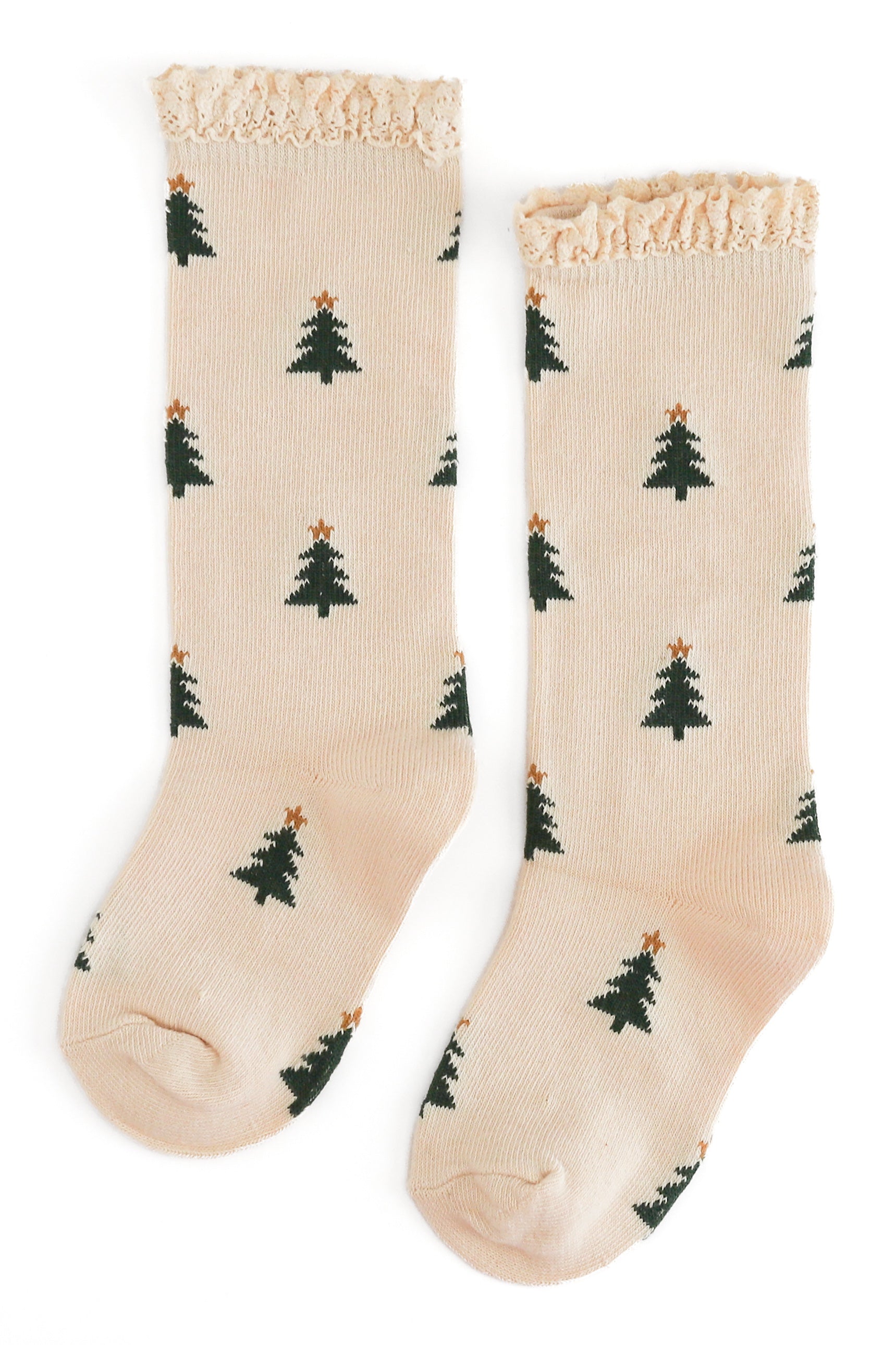 Girls' cream knee socks with lace trim and a Christmas tree pattern on a crisp white background