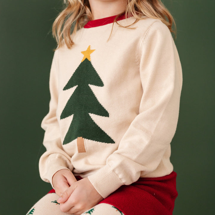 girls Christmas tree pullover knit sweater with matching crimson knit skirt