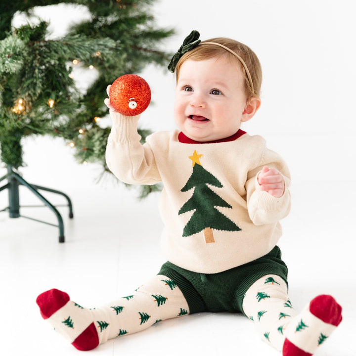 baby knit sweater set with Christmas tree pullover, forest bloomers and tree tights