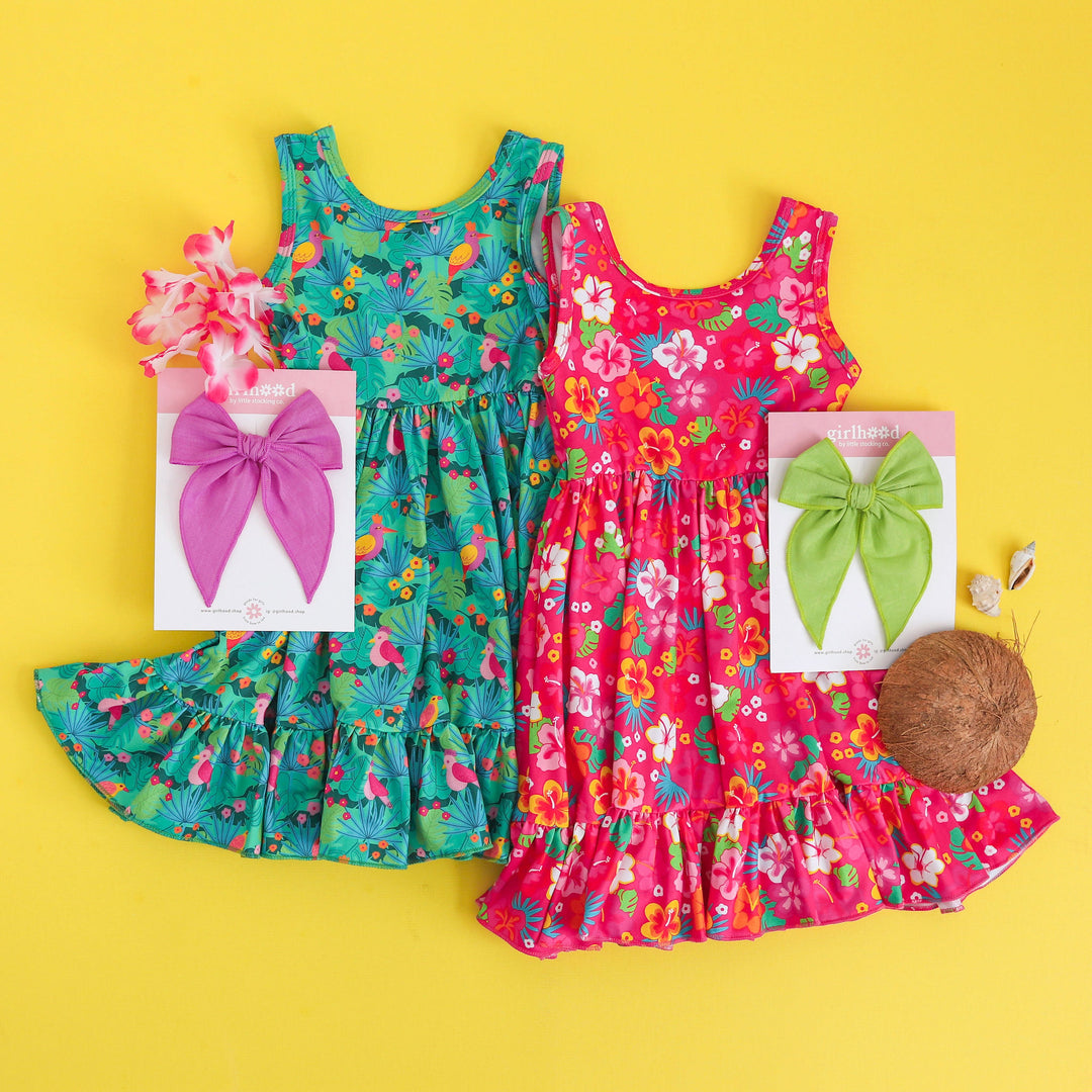 perfect vacation pair of tropical print girls summer dresses 