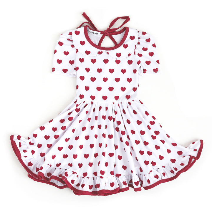 girls valentines twirl dress in white with red heart