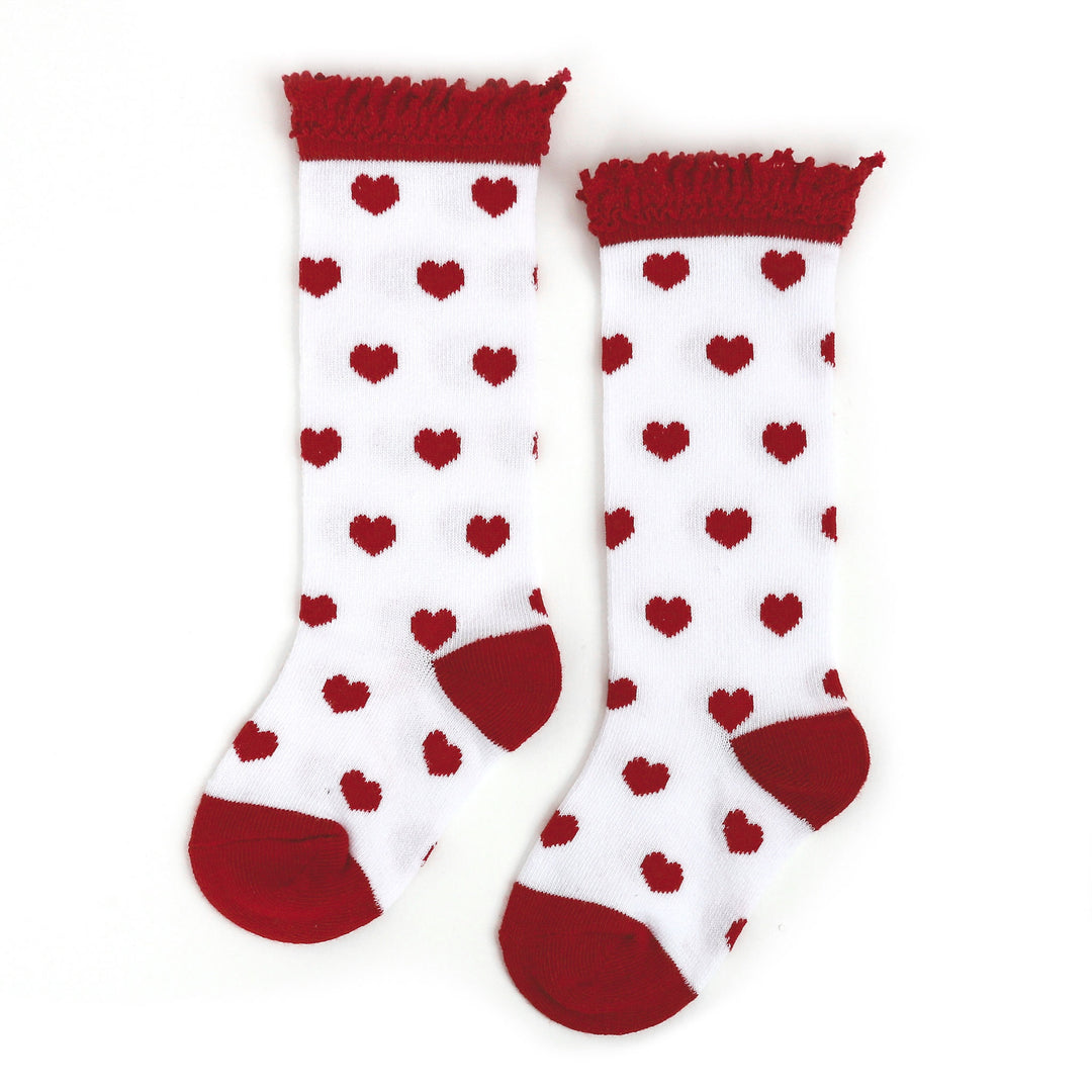 white valentines day knee high socks with red hearts and red lace top